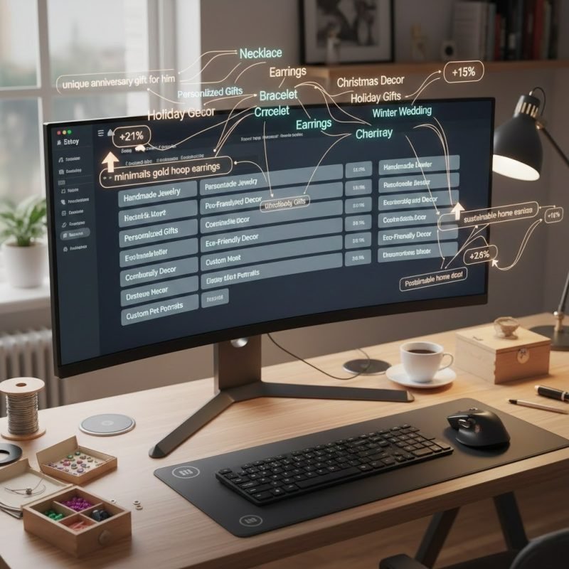 Etsy SEO strategy showing optimization of 13 tag slots to improve search rankings and sales.