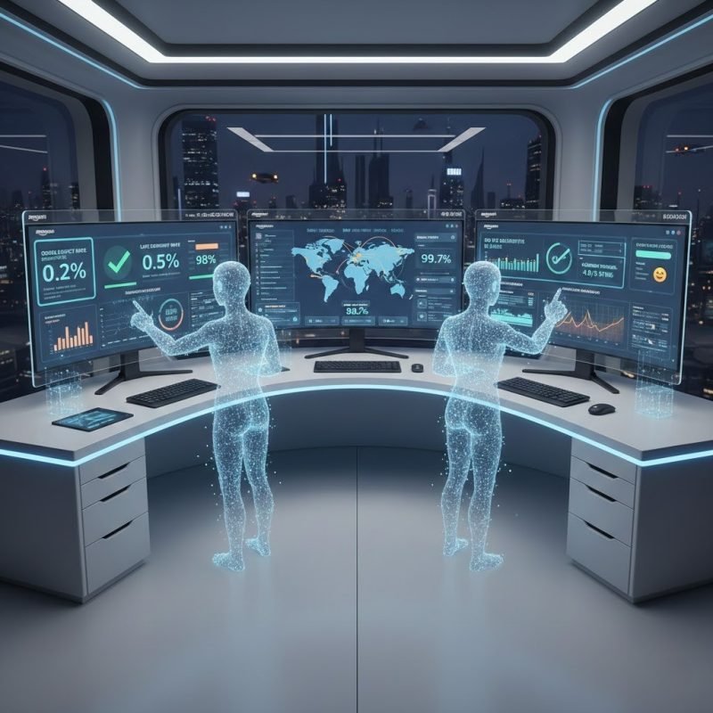 Amazon performance metrics monitoring dashboard showing Order Defect Rate, Buy Box eligibility, and customer feedback with VAs managing operations.