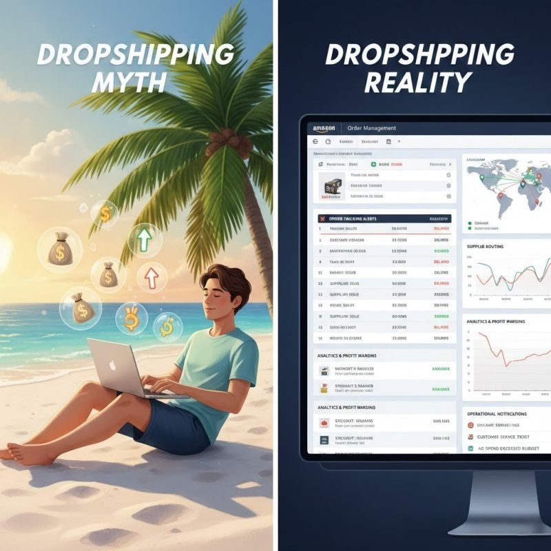 Passive income dropshipping myth versus real Amazon order management operations dashboard.