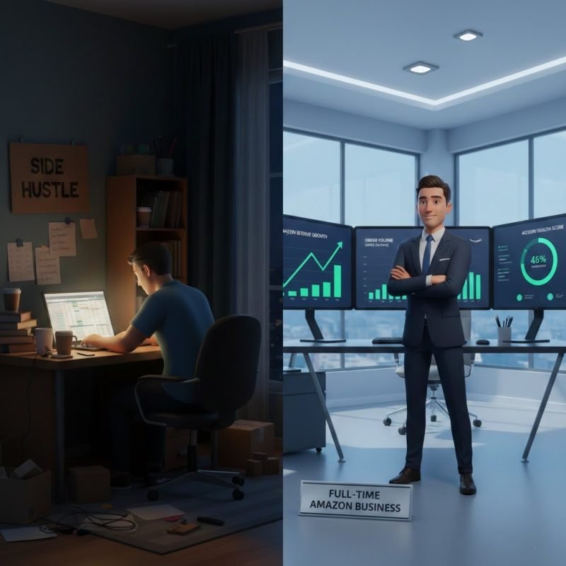 Visual transformation from Amazon side hustle seller to full-time dropshipping business owner with revenue growth analytics.