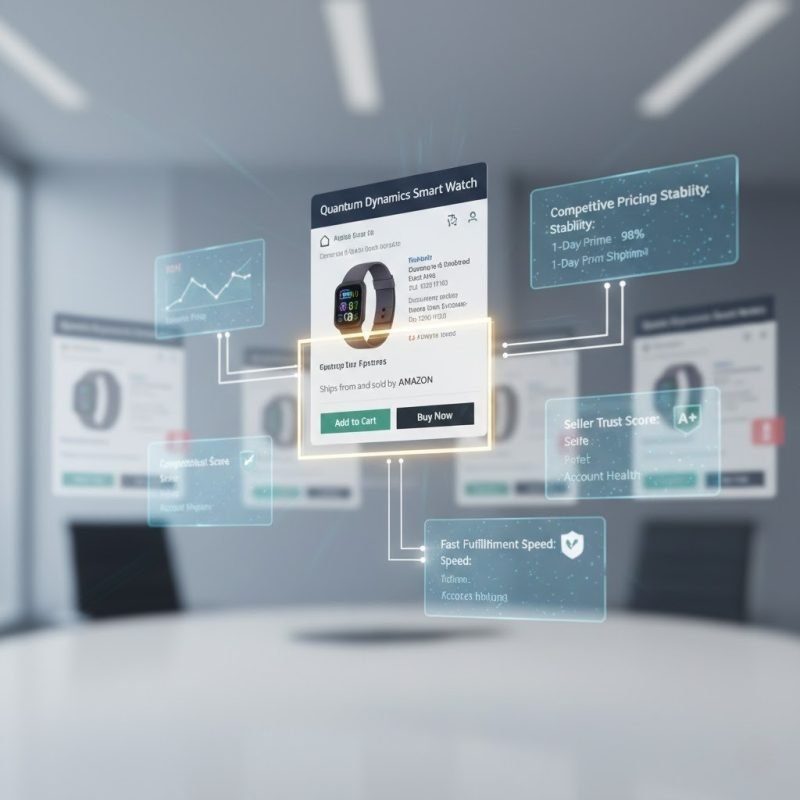 Amazon Buy Box strategy visualization showing pricing, fulfillment speed, and seller performance metrics.
