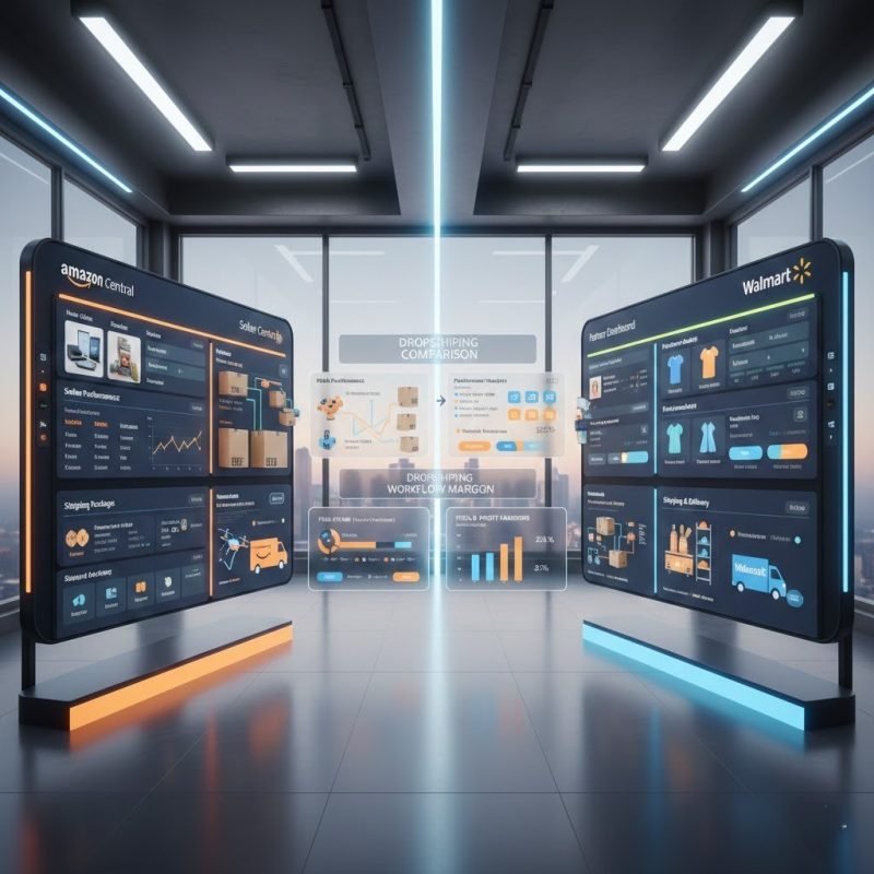 Comparison of Amazon and Walmart marketplaces showing order management, fulfillment, and dropshipping metrics.