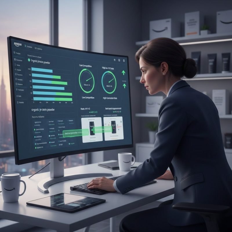 Amazon keyword research strategy showing low-competition, high-volume keyword analysis for ranking and conversions.