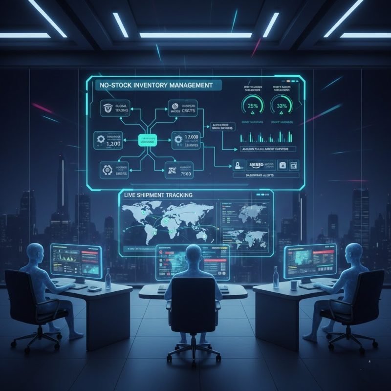 Amazon inventory management system showing live supplier stock, automated order routing, profit margins, and virtual assistant monitoring.